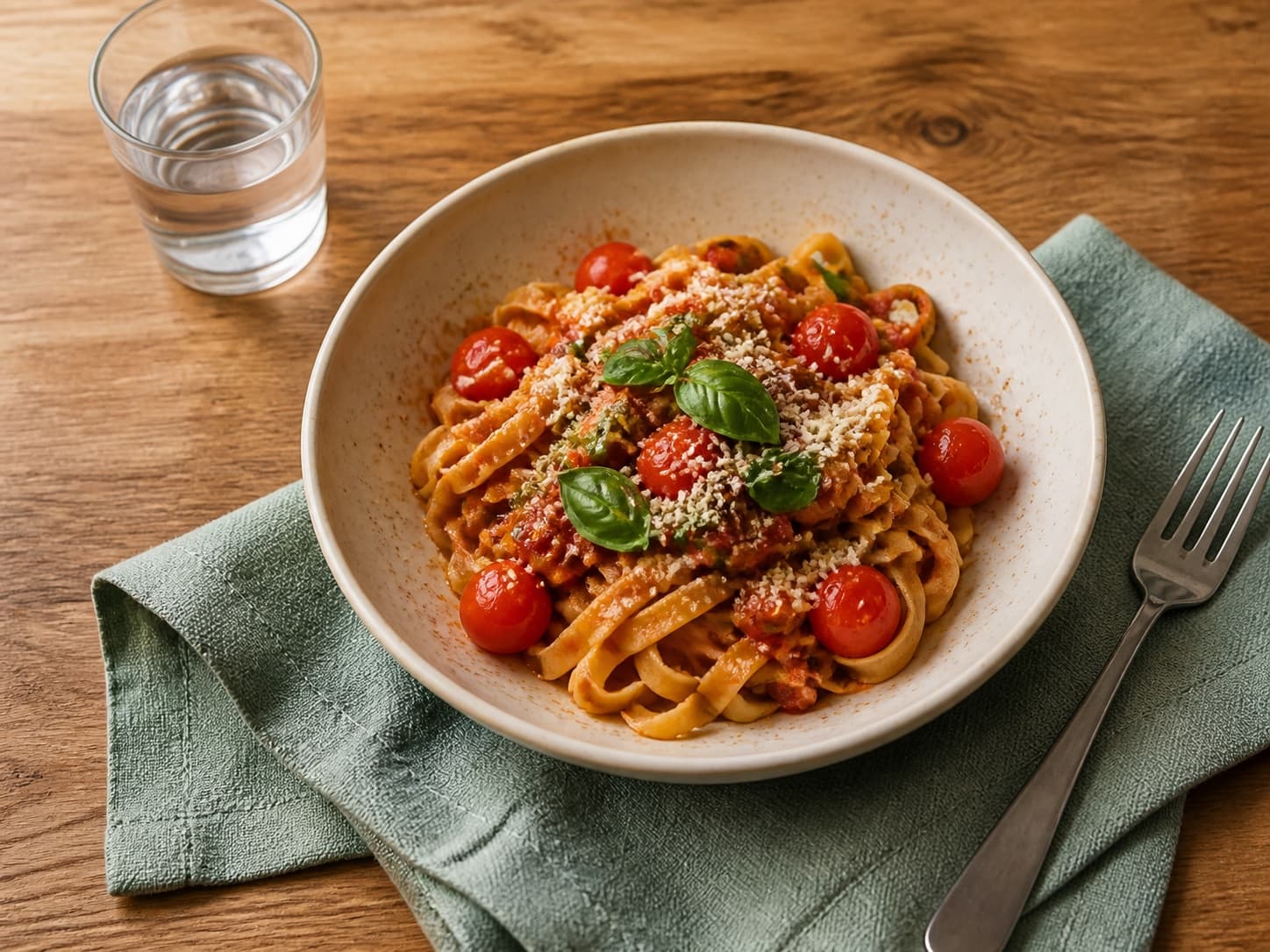 Eine alltagstaugliche Pasta mit Tomaten, Basilikum und einem Glas Wasser