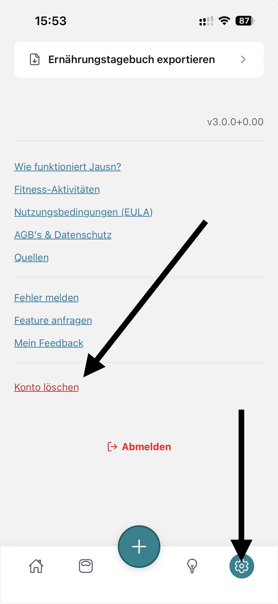 Jausn-Einstellungen mit markierter Navigation und der Option „Konto löschen“